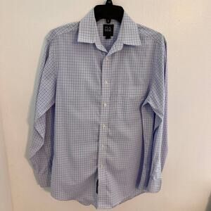 Jos A Bank Traveler Plaid Dress Shirt Mens 15/32 Blue Purple Long Sleeves